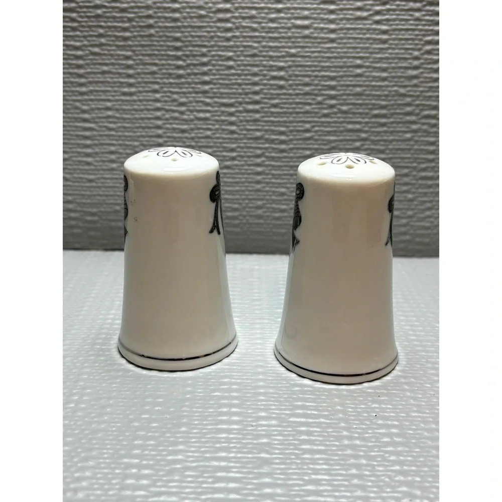 Vintage 25th Wedding Anniversary Salt and Pepper Shakers Silver White Ceramic 3